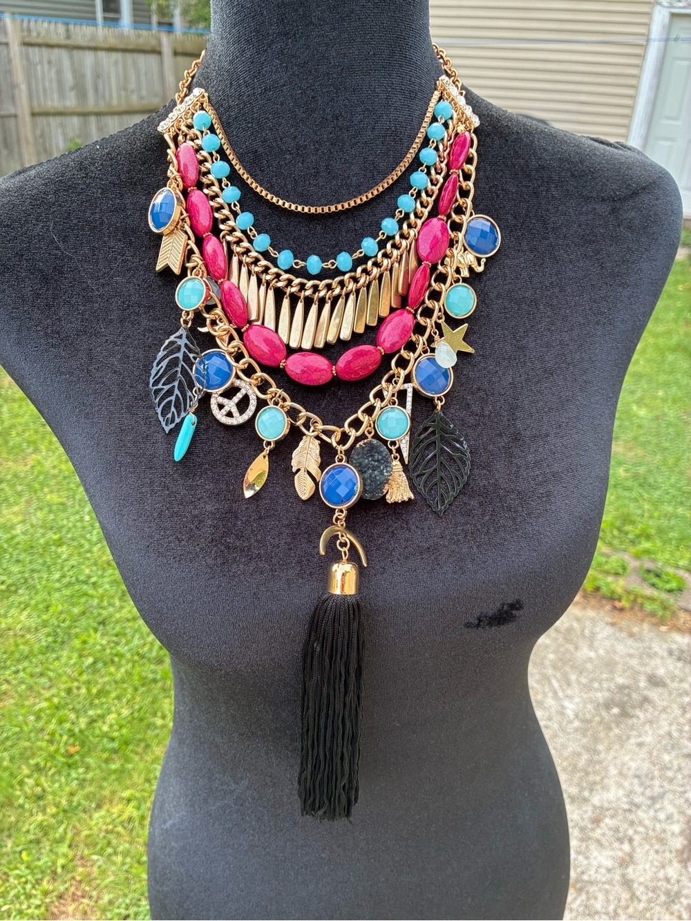 Layered Statement Necklace with Pink, Turquoise & Blue Accents